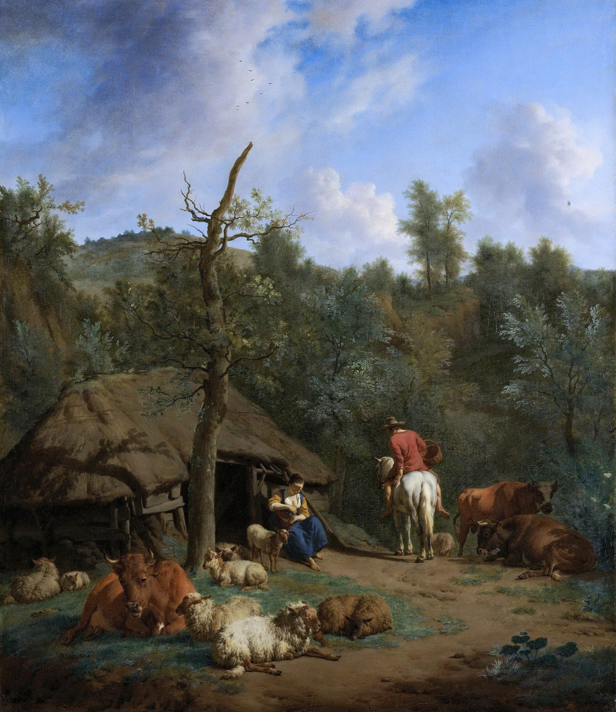 People Oil Painting - Rustic Farm Scene with Shepherd and Animals - Oil Painting Haven
