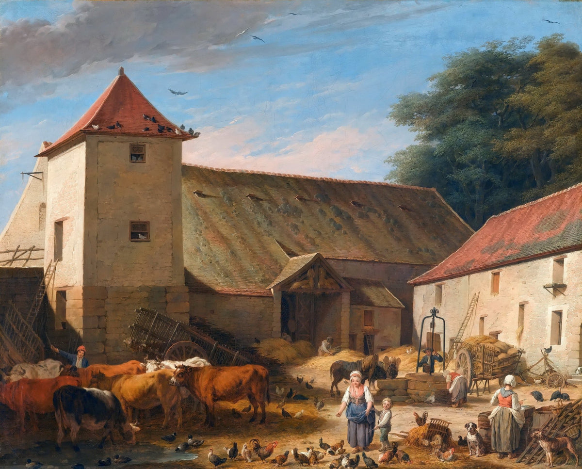 People Oil Painting - Rustic Farmyard Scene with Villagers - Oil Painting Haven
