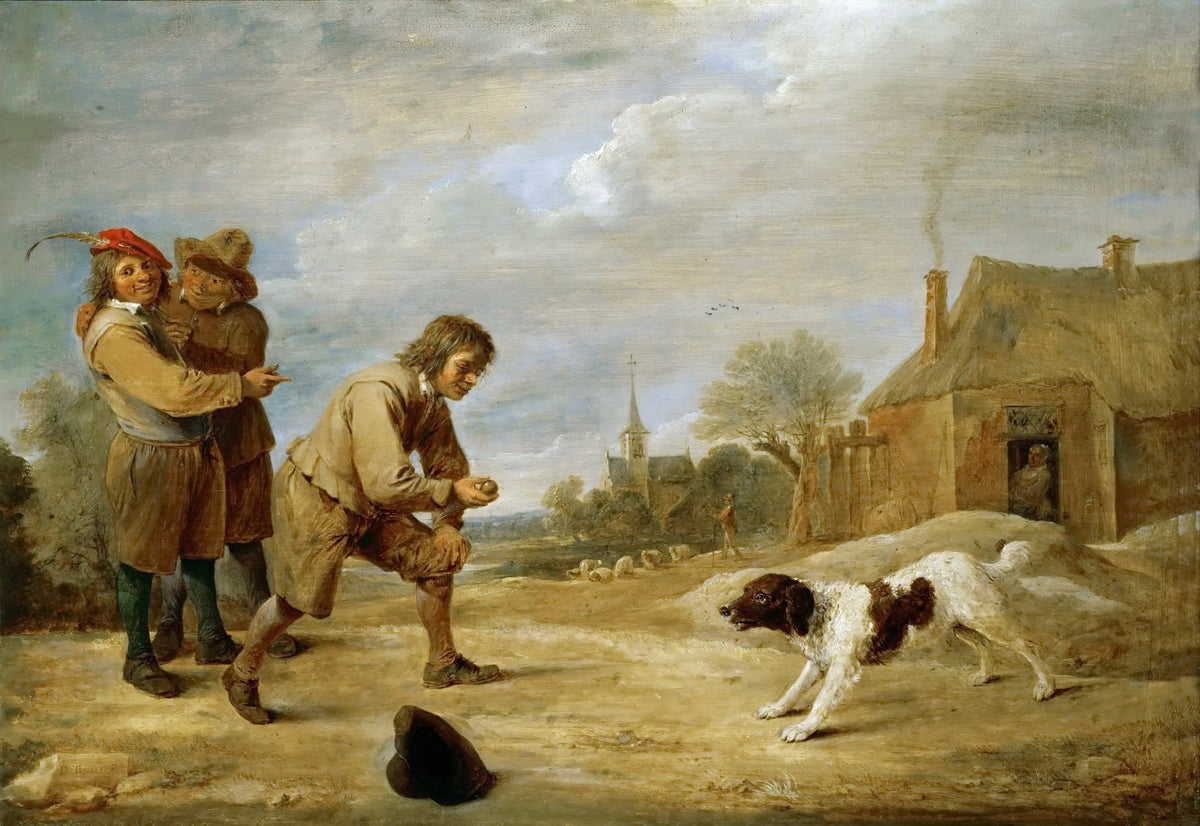 People Oil Painting - Rustic Village Scene with Dog and Figures - Oil Painting Haven