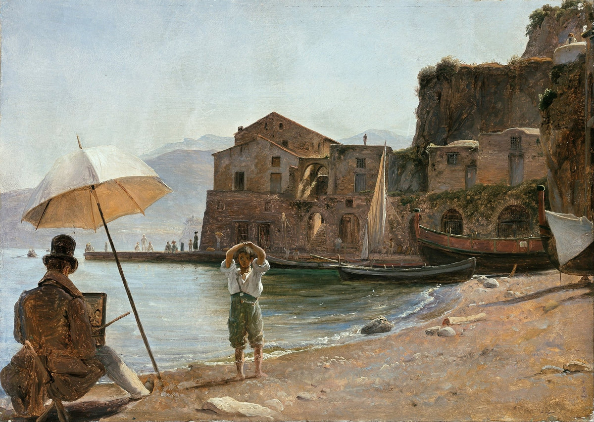 People Oil Painting - Seaside Artist and Boy by Harbor - Oil Painting Haven