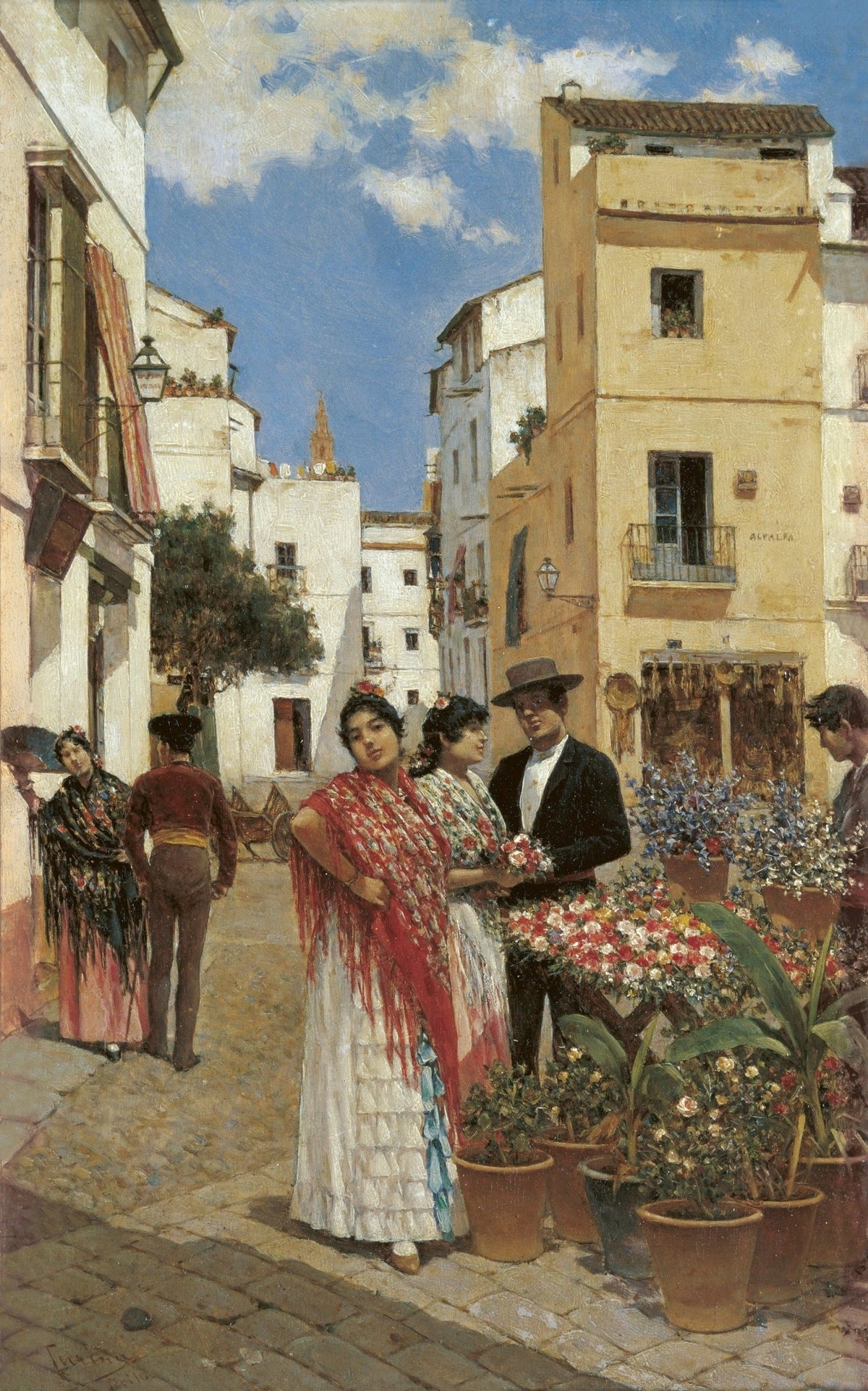 People Oil Painting - Sevilla Street Scene with Flowers - Oil Painting Haven