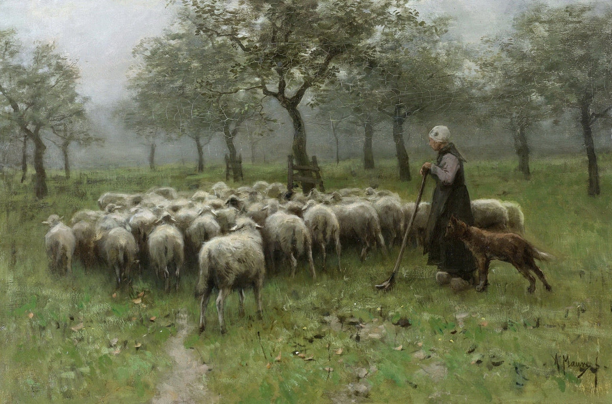 People Oil Painting - Shepherd Woman with Sheep Flock - Oil Painting Haven
