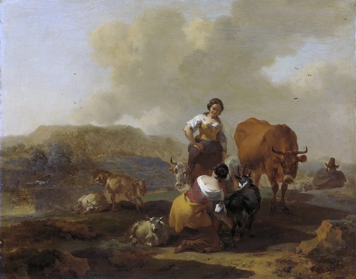 People Oil Painting - Shepherd Women with Cattle in Pastoral Hills - Oil Painting Haven