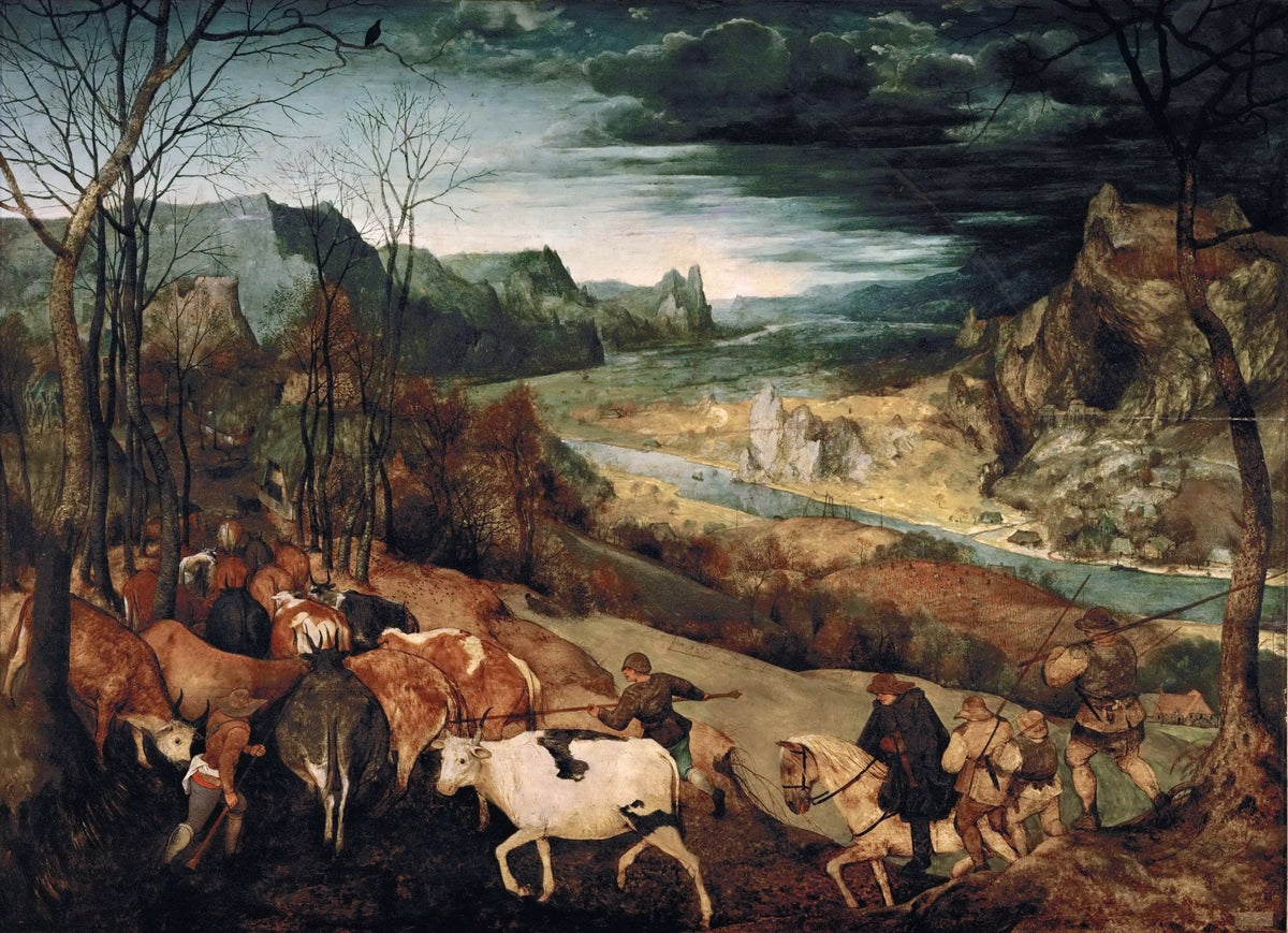 People Oil Painting - Shepherds Driving Cattle Through Valley - Oil Painting Haven