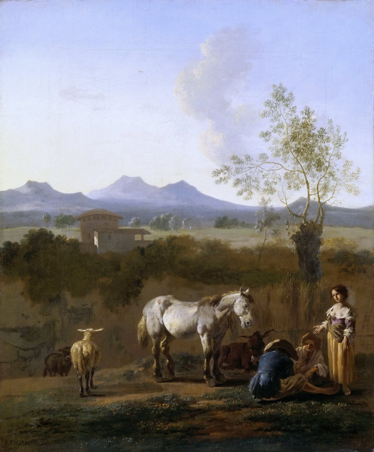 People Oil Painting - Shepherds with White Horse Landscape - Oil Painting Haven