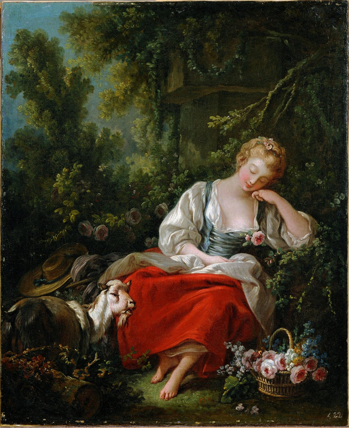 People Oil Painting - Sleeping Shepherdess with Goat - Oil Painting Haven