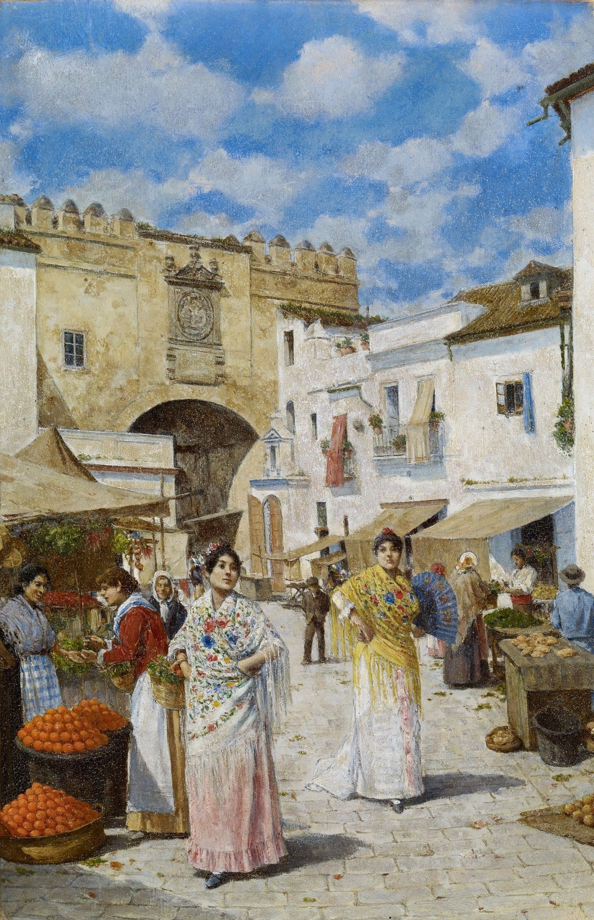 People Oil Painting - Spanish Market Street Scene with Figures - Oil Painting Haven