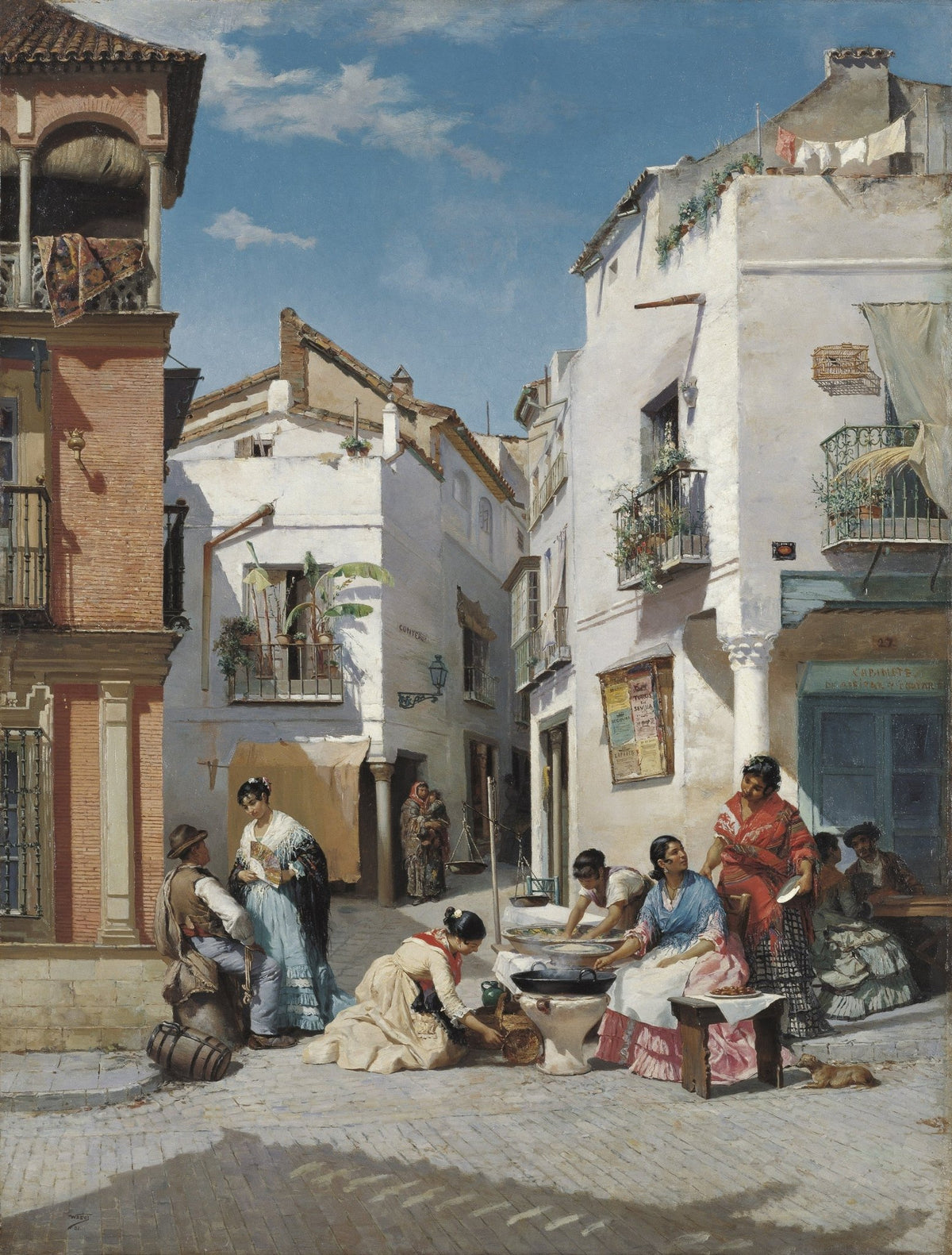 People Oil Painting - Spanish Street Scene with Market Figures - Oil Painting Haven