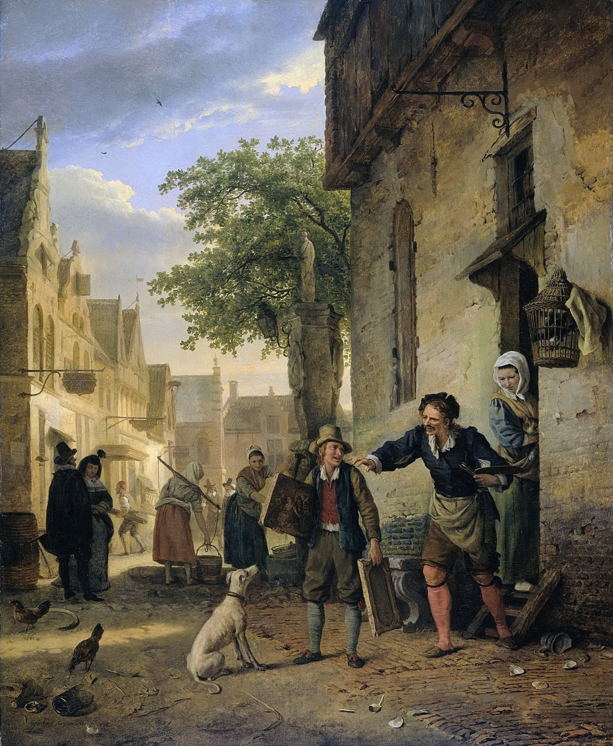 People Oil Painting - Street Scene with Painter and Villagers - Oil Painting Haven