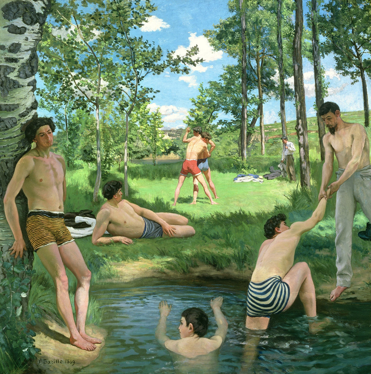 People Oil Painting - Summer Bathers by River Landscape - Oil Painting Haven