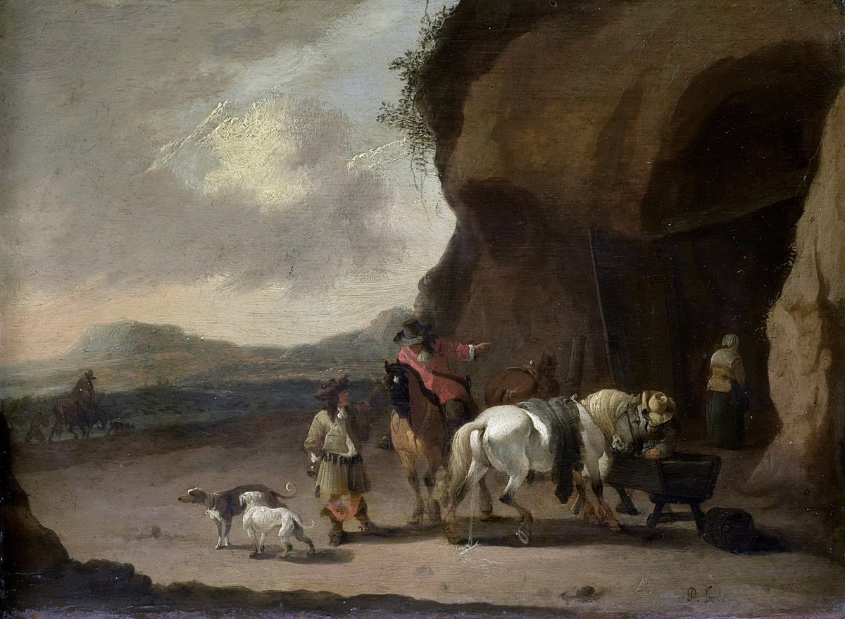 People Oil Painting - Travelers Resting by a Rocky Cliff Road - Oil Painting Haven