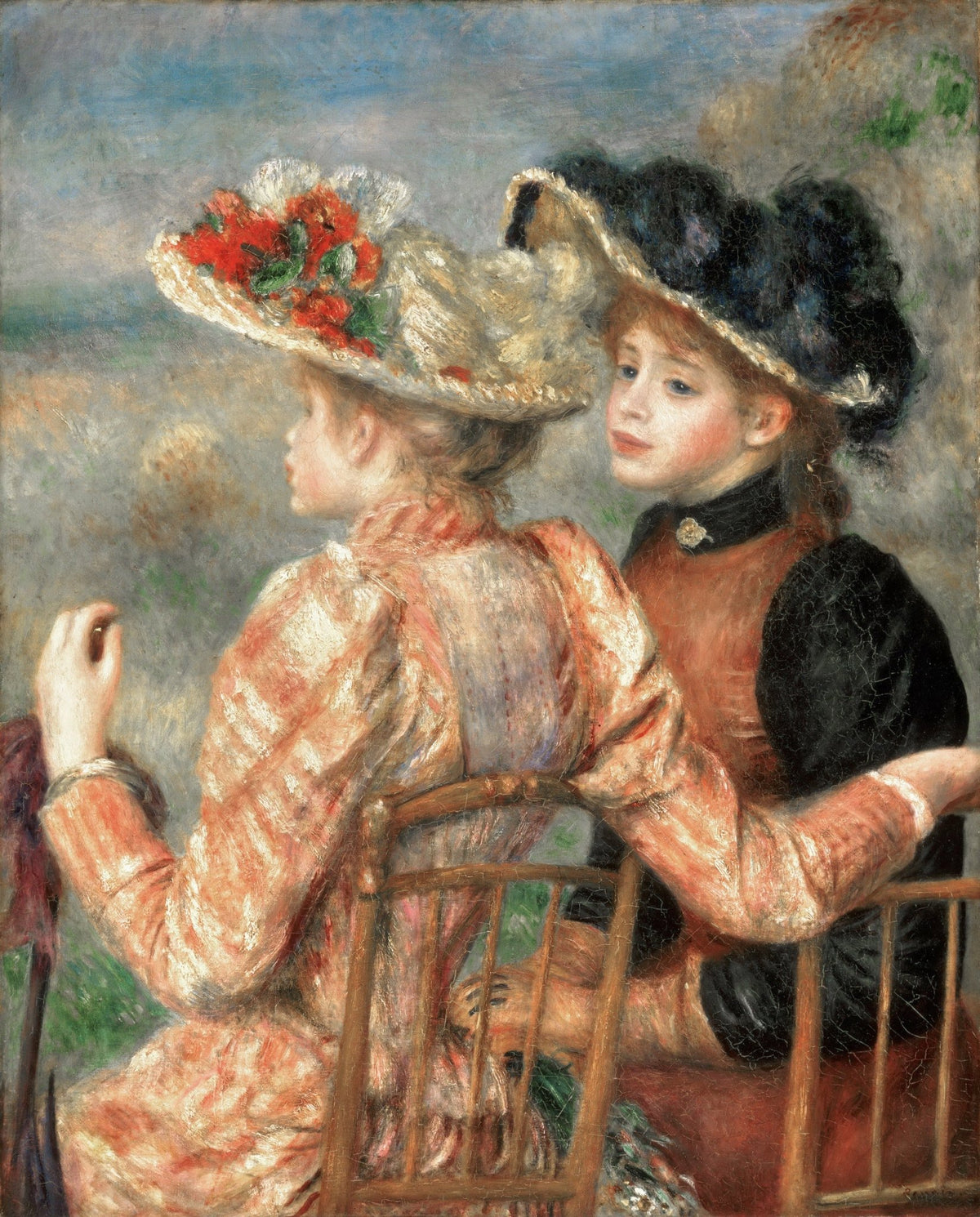 People Oil Painting - Two Girls in Hats Impressionist Scene - Oil Painting Haven