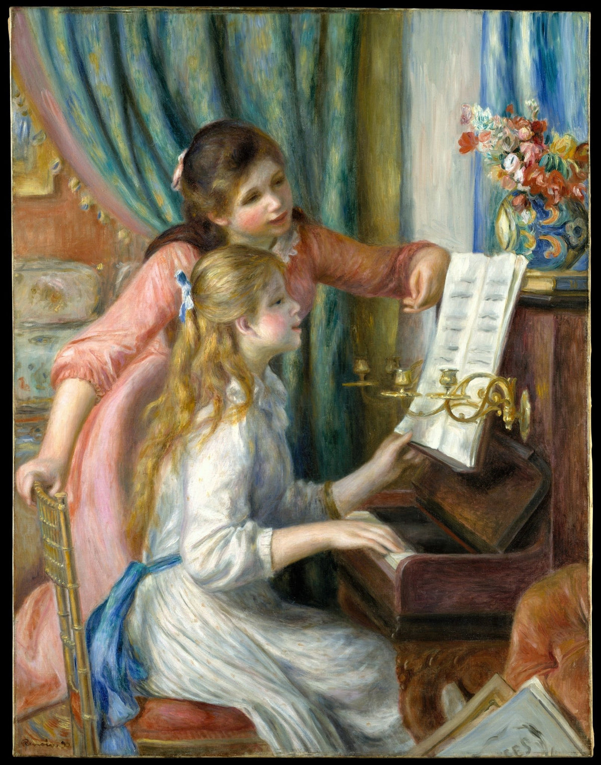 People Oil Painting - Two Girls Playing Piano Indoors - Oil Painting Haven