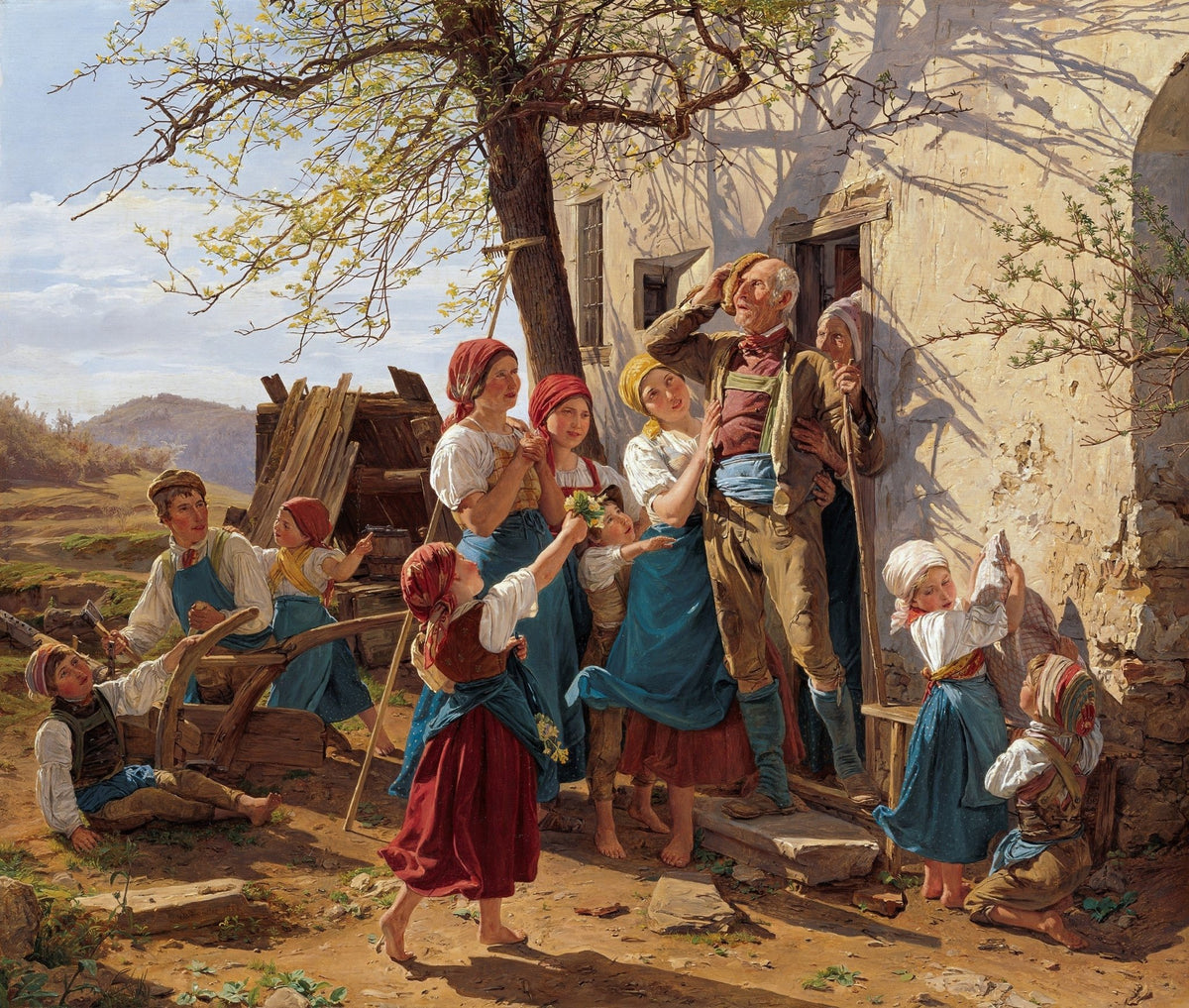 People Oil Painting - Village Family Scene with Children - Oil Painting Haven