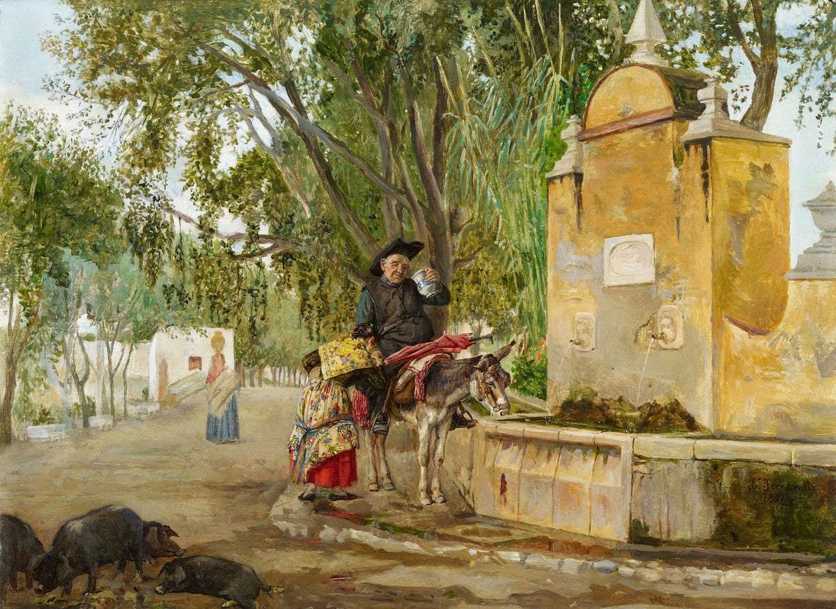 People Oil Painting - Village Fountain Scene with Priest and Donkey - Oil Painting Haven