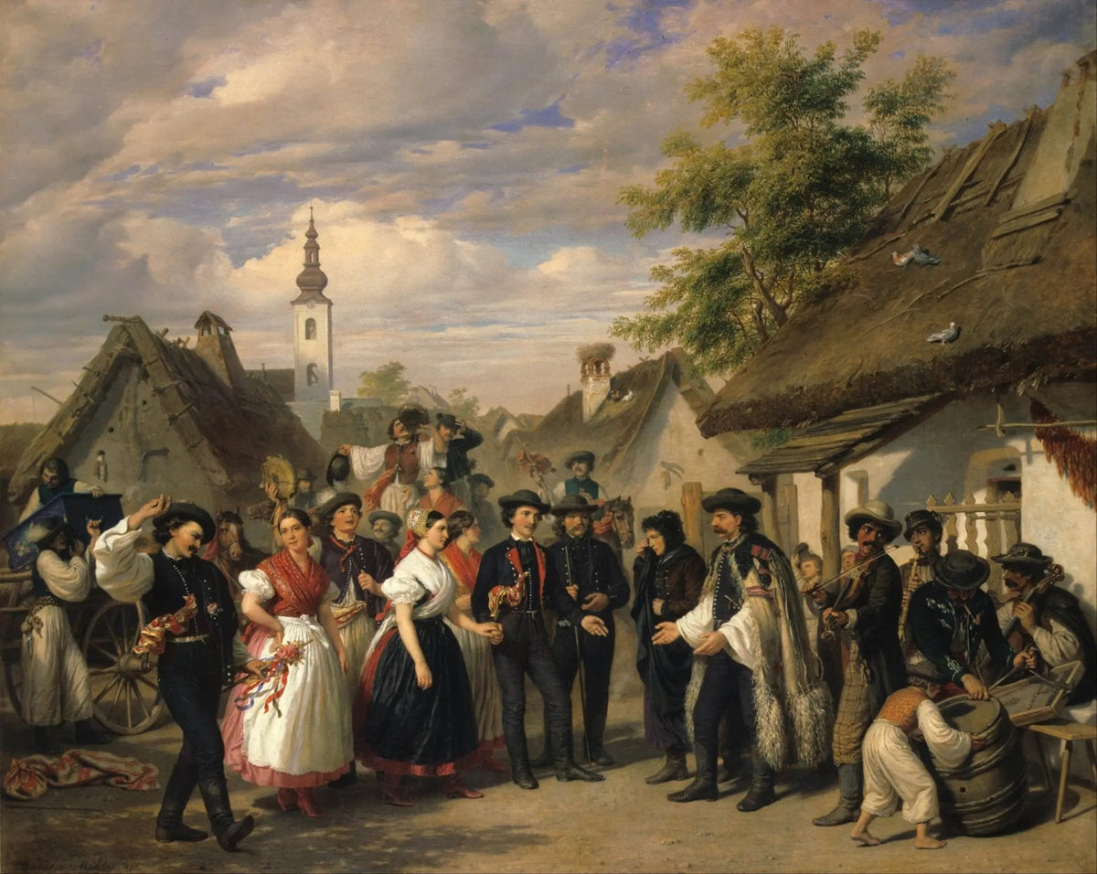 People Oil Painting - Village Gathering with Traditional Attire - Oil Painting Haven