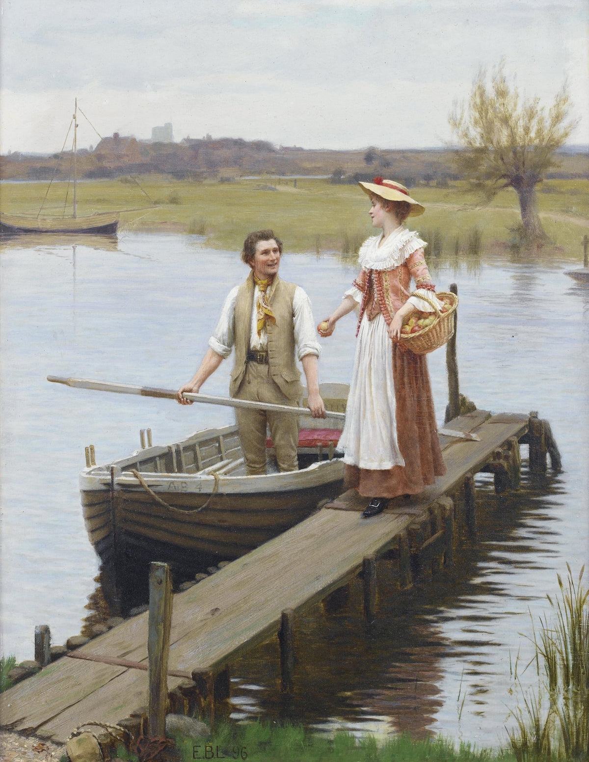 People Oil Painting - Vintage Couple on Riverside Dock Scene - Oil Painting Haven