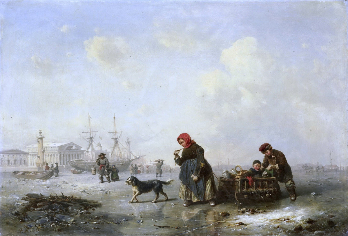People Oil Painting - Winter Harbor Scene with Figures - Oil Painting Haven