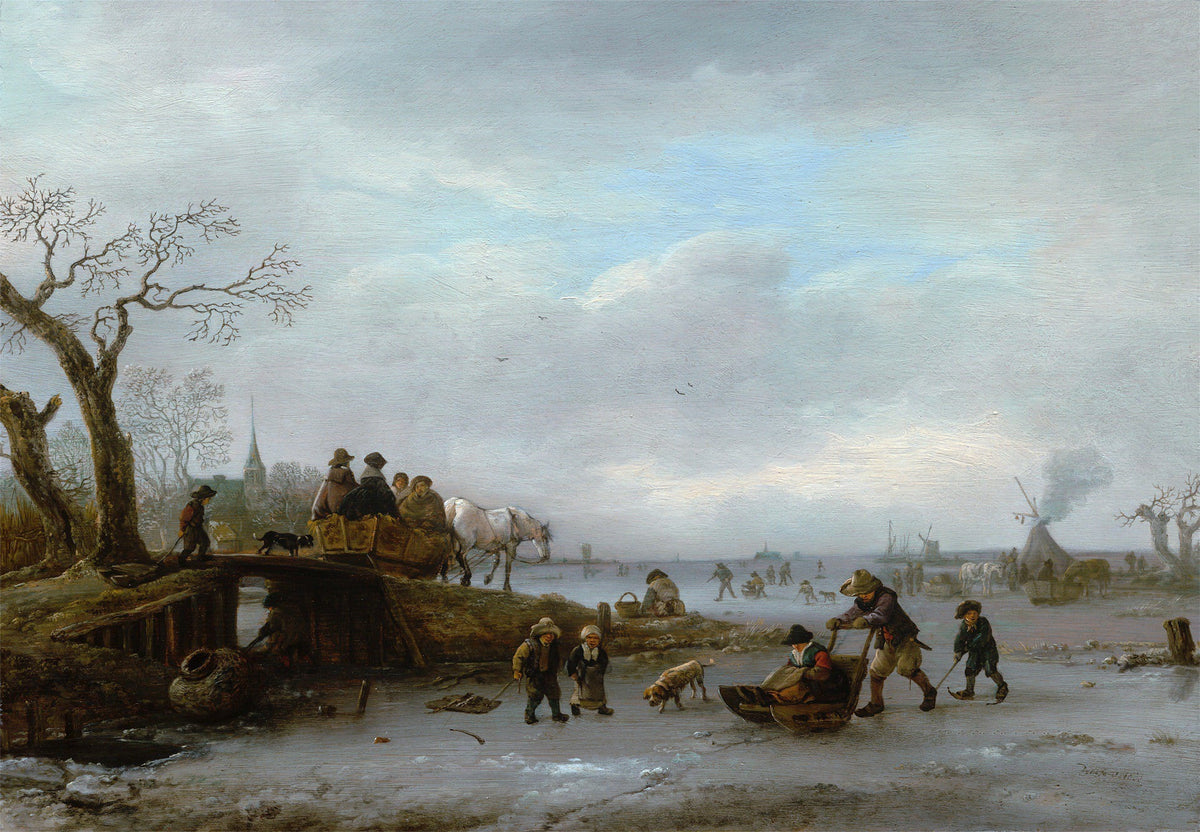 People Oil Painting - Winter Ice Scene with Villagers - Oil Painting Haven
