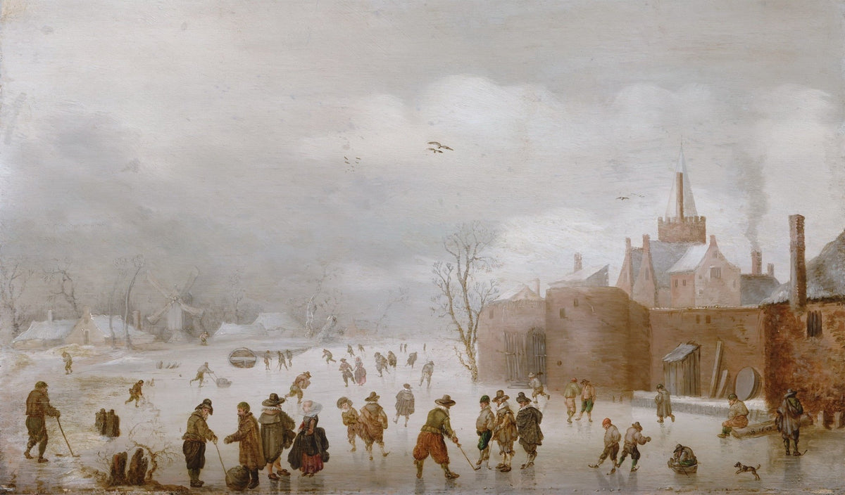 People Oil Painting - Winter Skating Scene by a Dutch Village - Oil Painting Haven