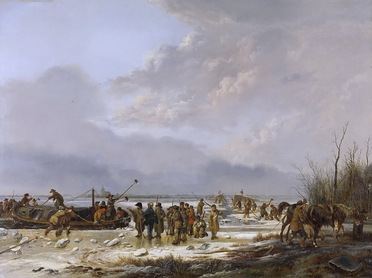 People Oil Painting - Winter Soldiers Crossing Frozen River Scene - Oil Painting Haven
