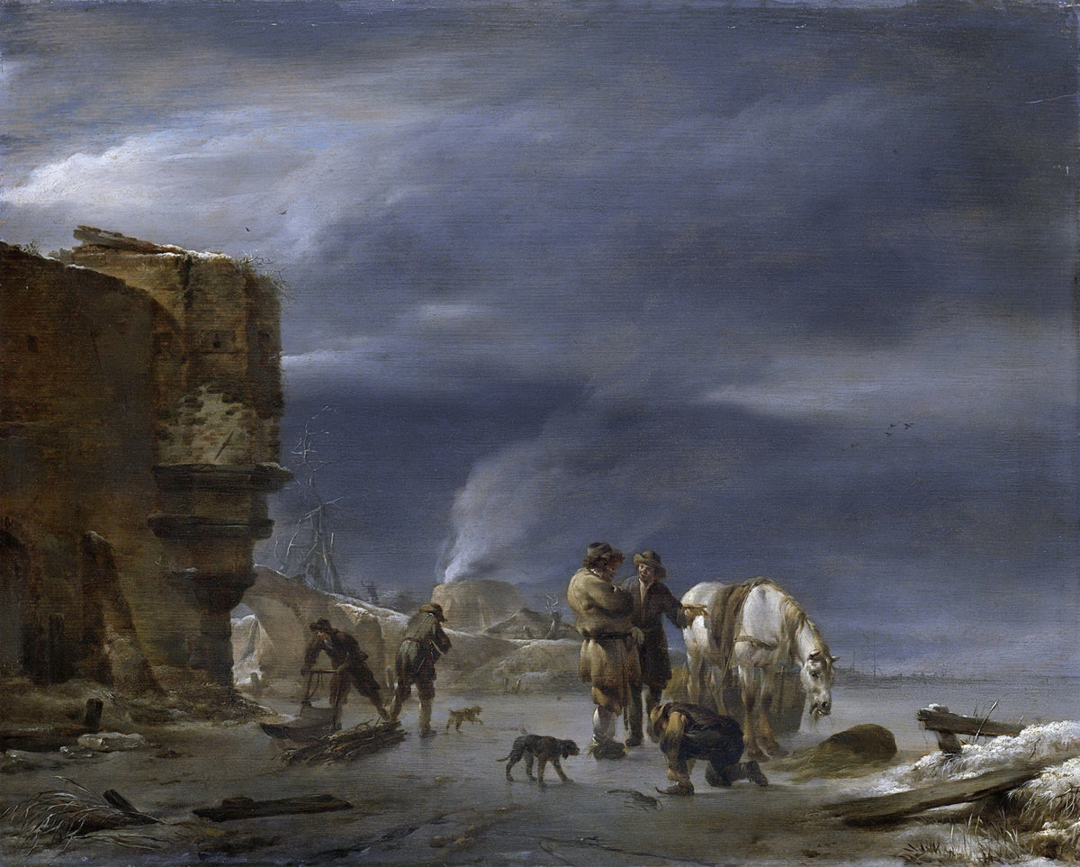 People Oil Painting - Winter Travelers with Horse by Frozen Shore - Oil Painting Haven