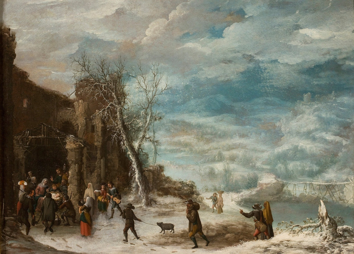 People Oil Painting - Winter Village Scene with Figures - Oil Painting Haven