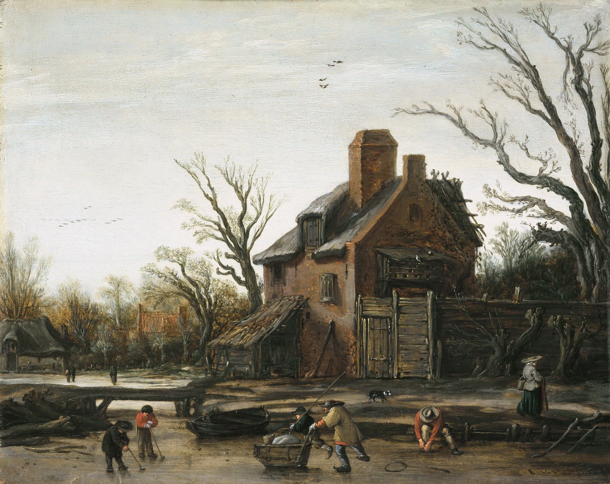 People Oil Painting - Winter Village Scene with Rustic House - Oil Painting Haven