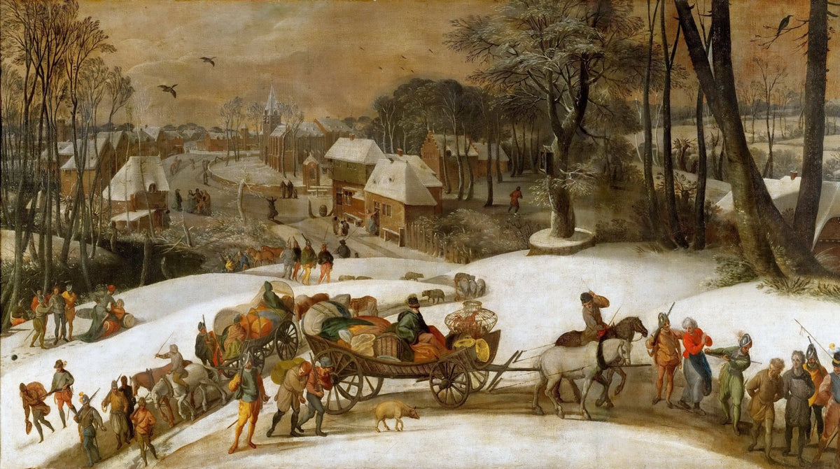 People Oil Painting - Winter Village Scene with Travelers - Oil Painting Haven