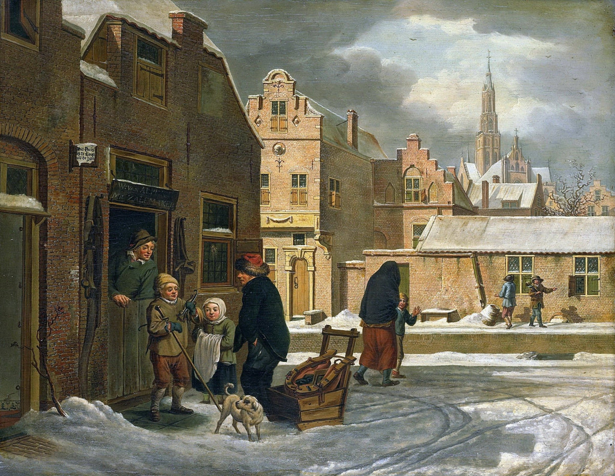 People Oil Painting - Winter Village Street Scene with Figures - Oil Painting Haven