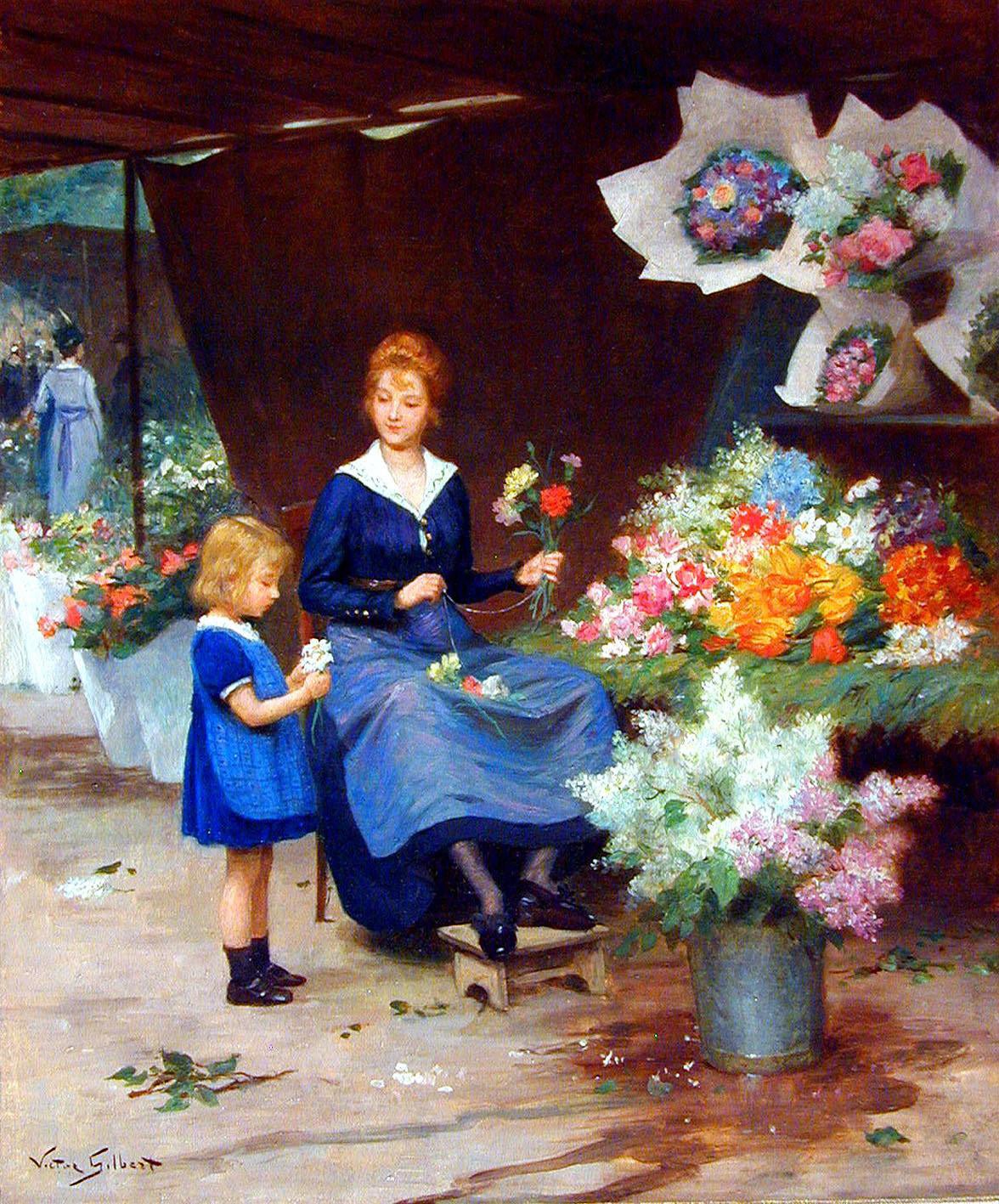 People Oil Painting - Woman and Child at Flower Market Stall - Oil Painting Haven