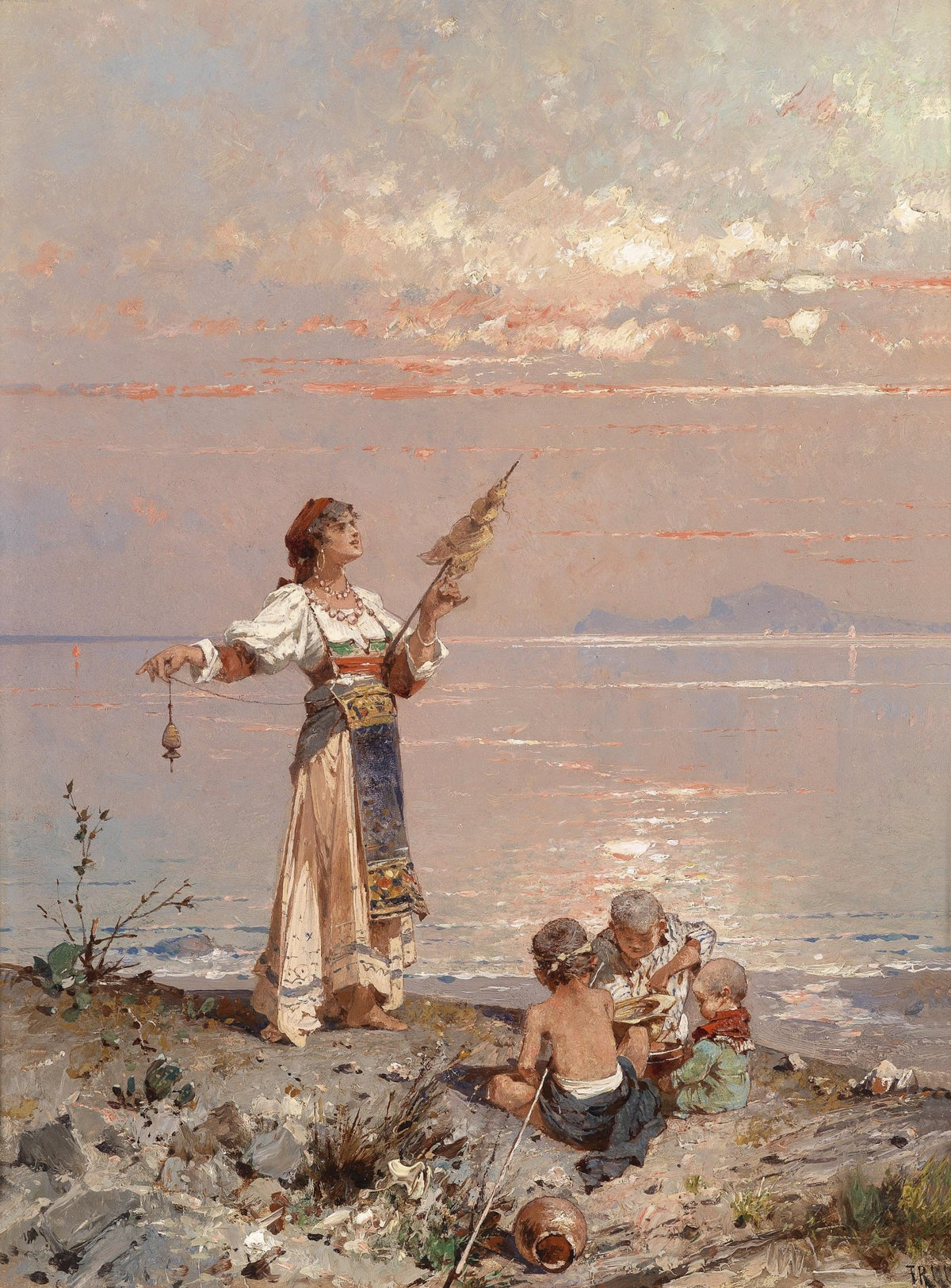 People Oil Painting - Woman and Children by Seaside at Sunset - Oil Painting Haven
