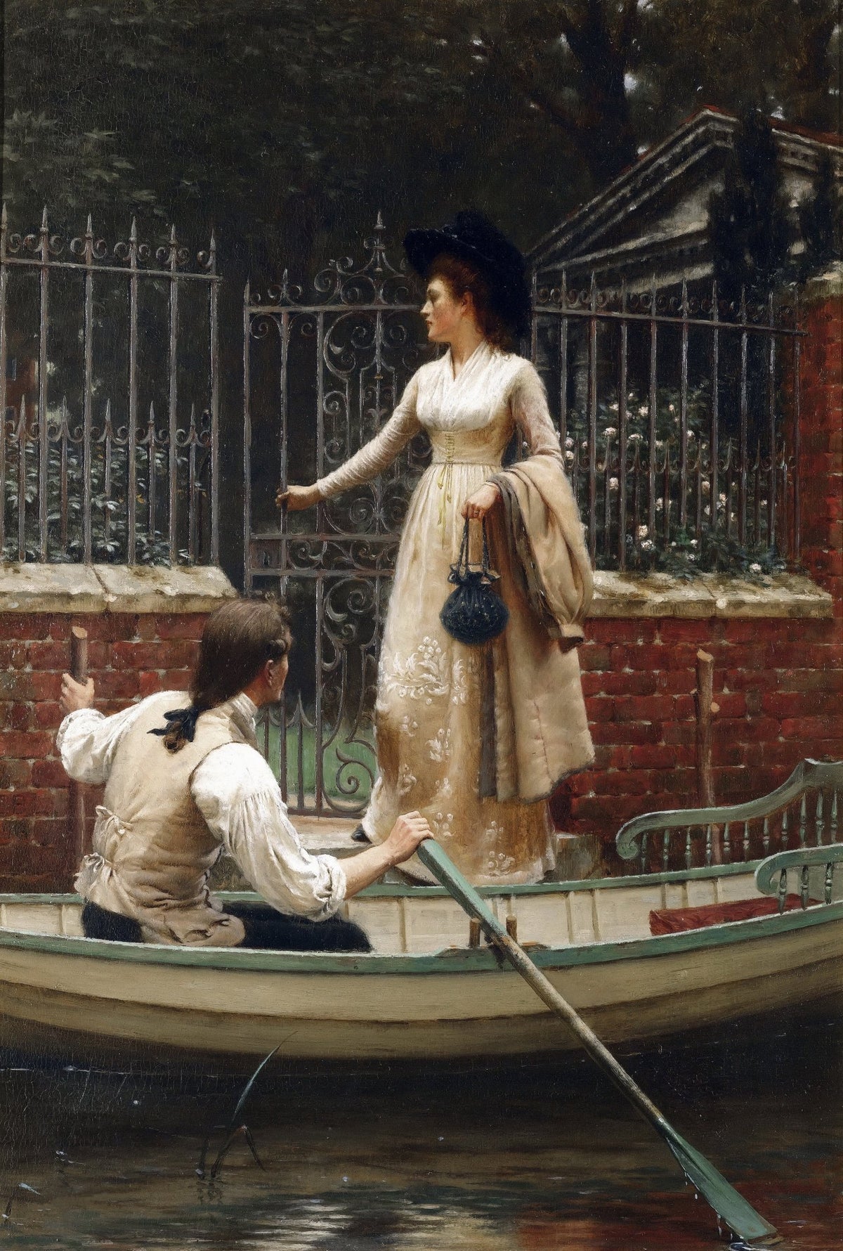 People Oil Painting - Woman Boarding Boat at Garden Gate - Oil Painting Haven
