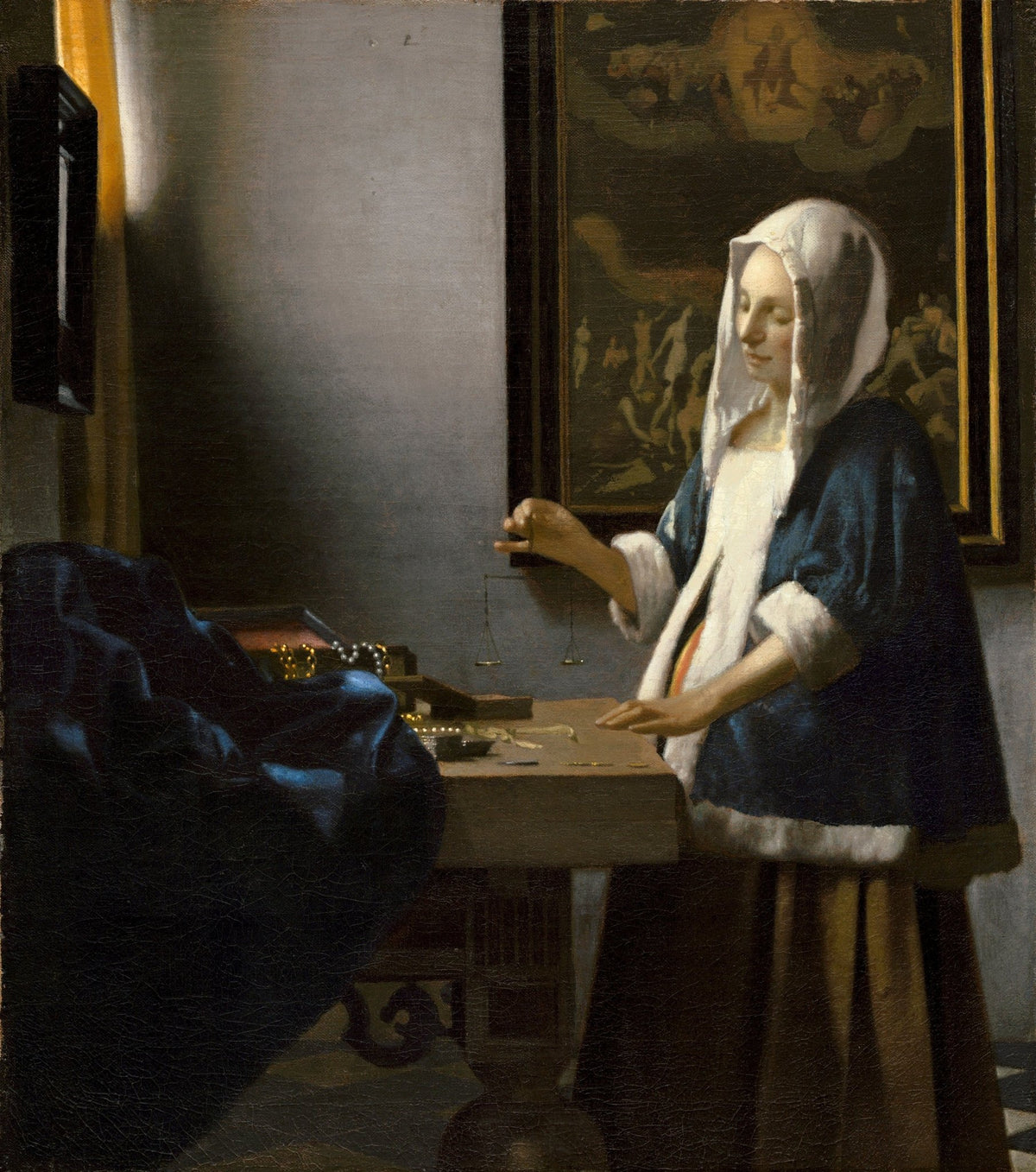 People Oil Painting - Woman Holding Balance Interior Scene - Oil Painting Haven