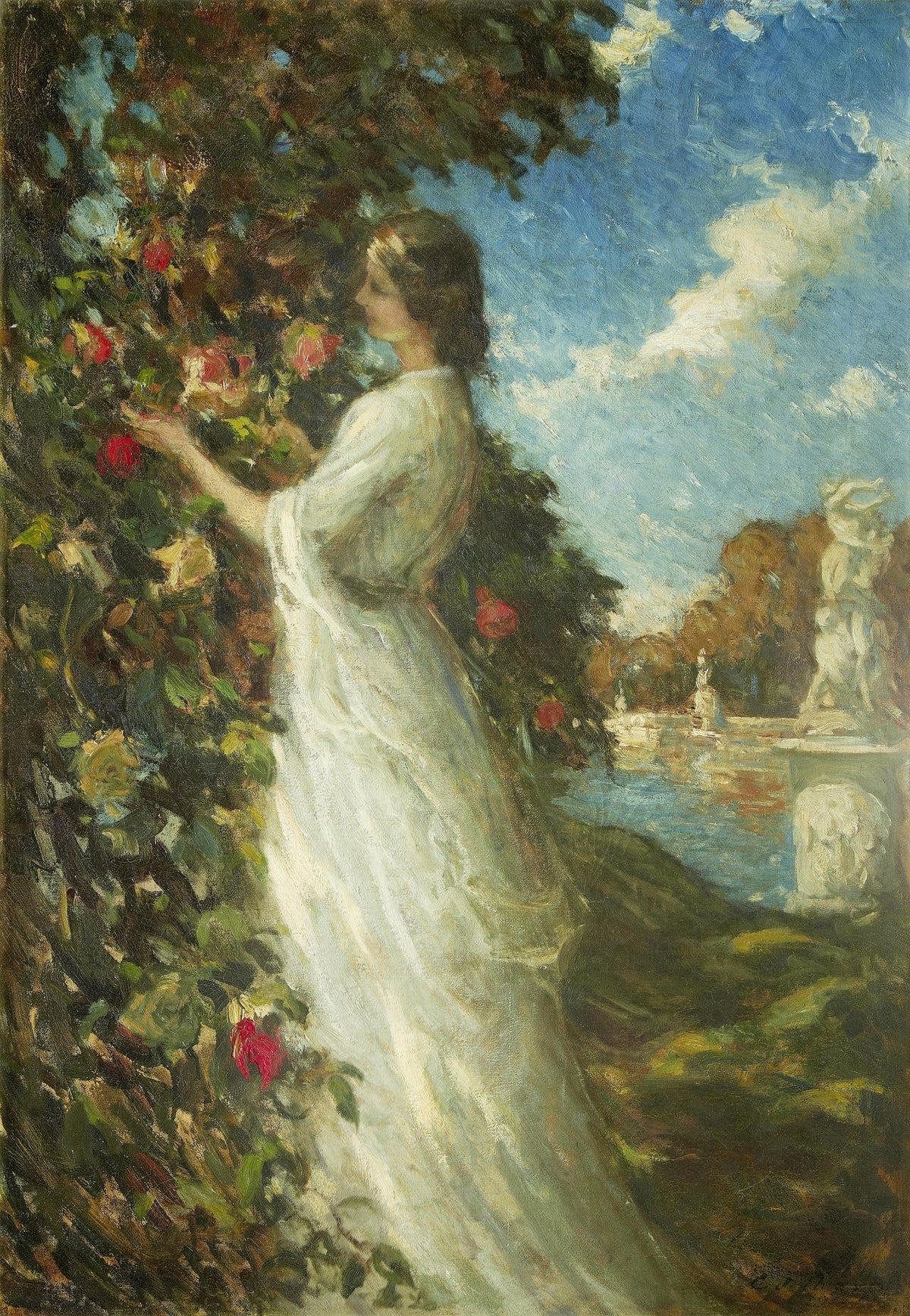 People Oil Painting - Woman in a Rose Garden by a Fountain - Oil Painting Haven