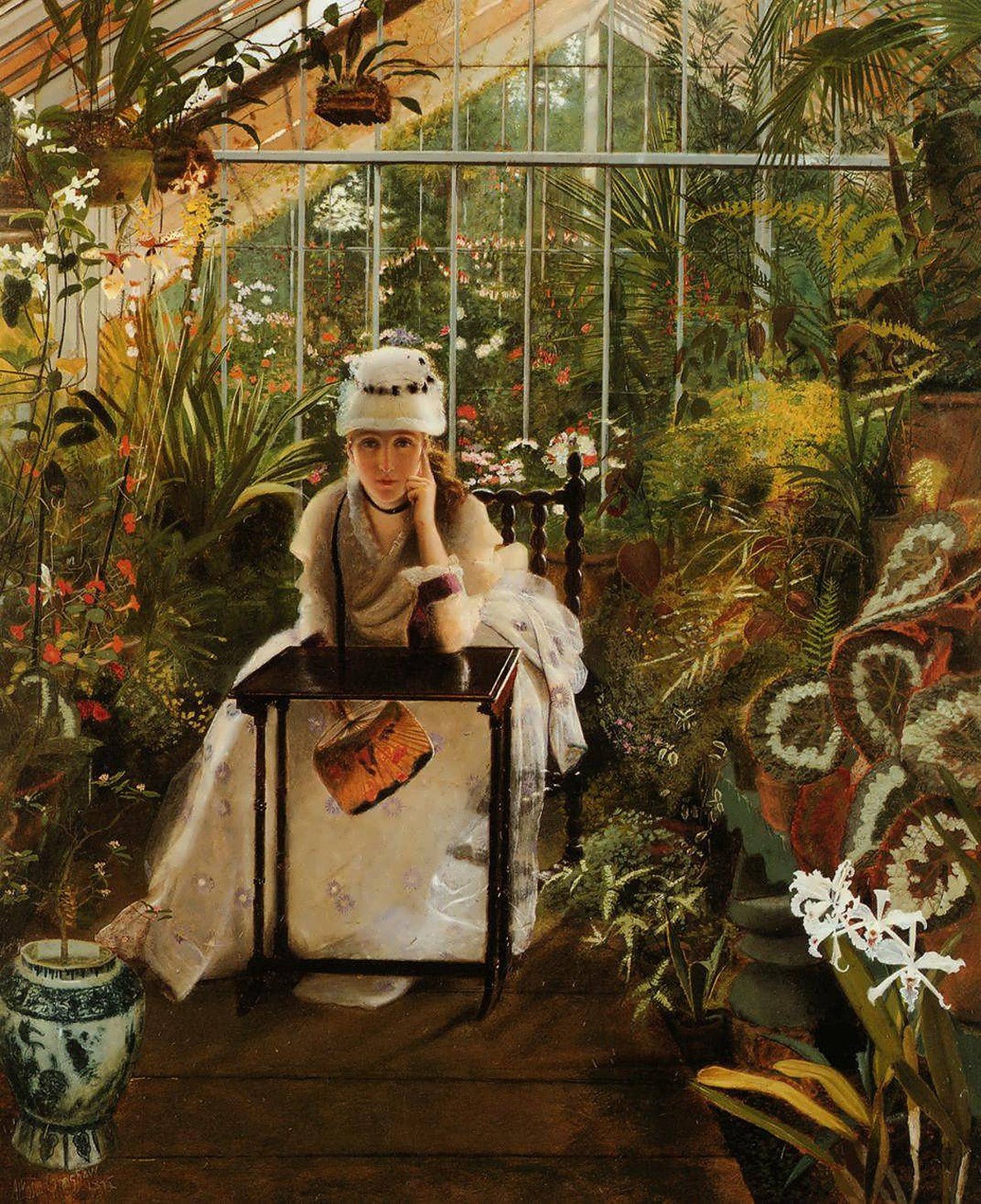 People Oil Painting - Woman in Greenhouse Portrait Scene - Oil Painting Haven