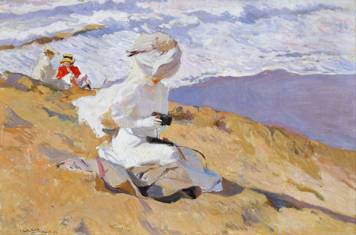People Oil Painting - Woman in White on Sunlit Coastal Cliff - Oil Painting Haven