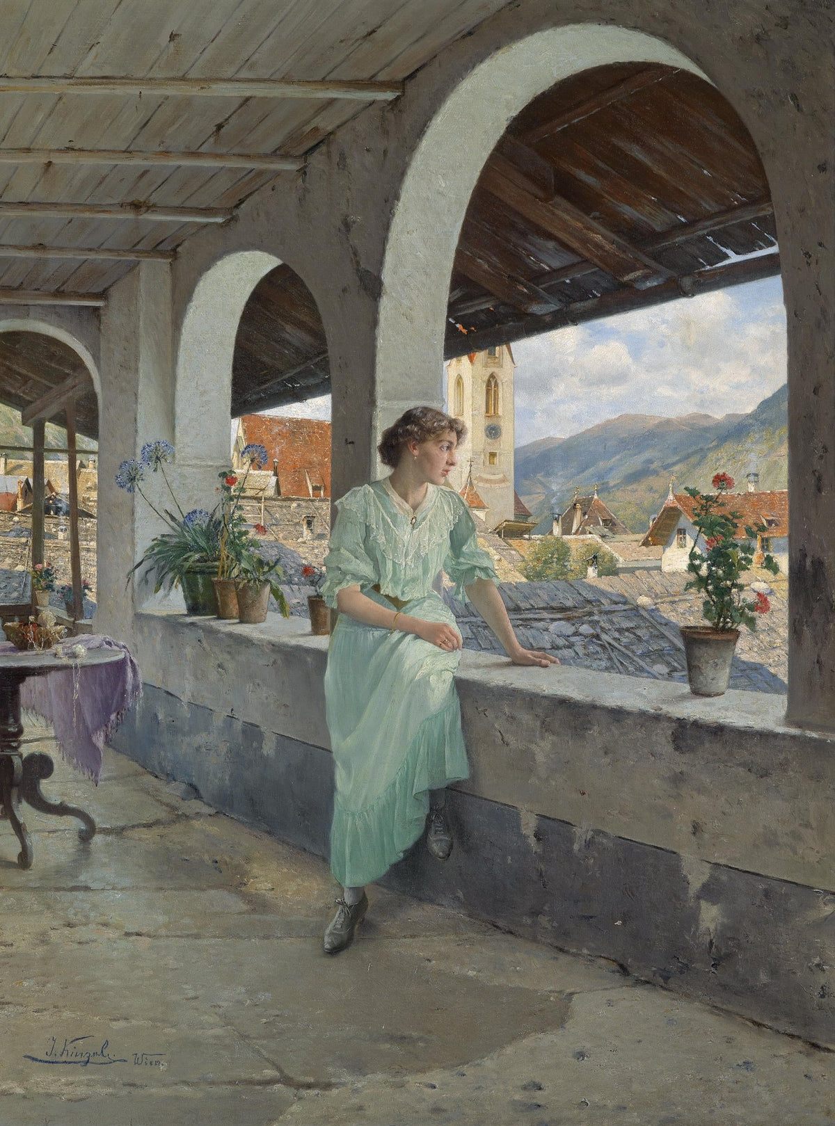 People Oil Painting - Woman on Balcony Overlooking Village - Oil Painting Haven