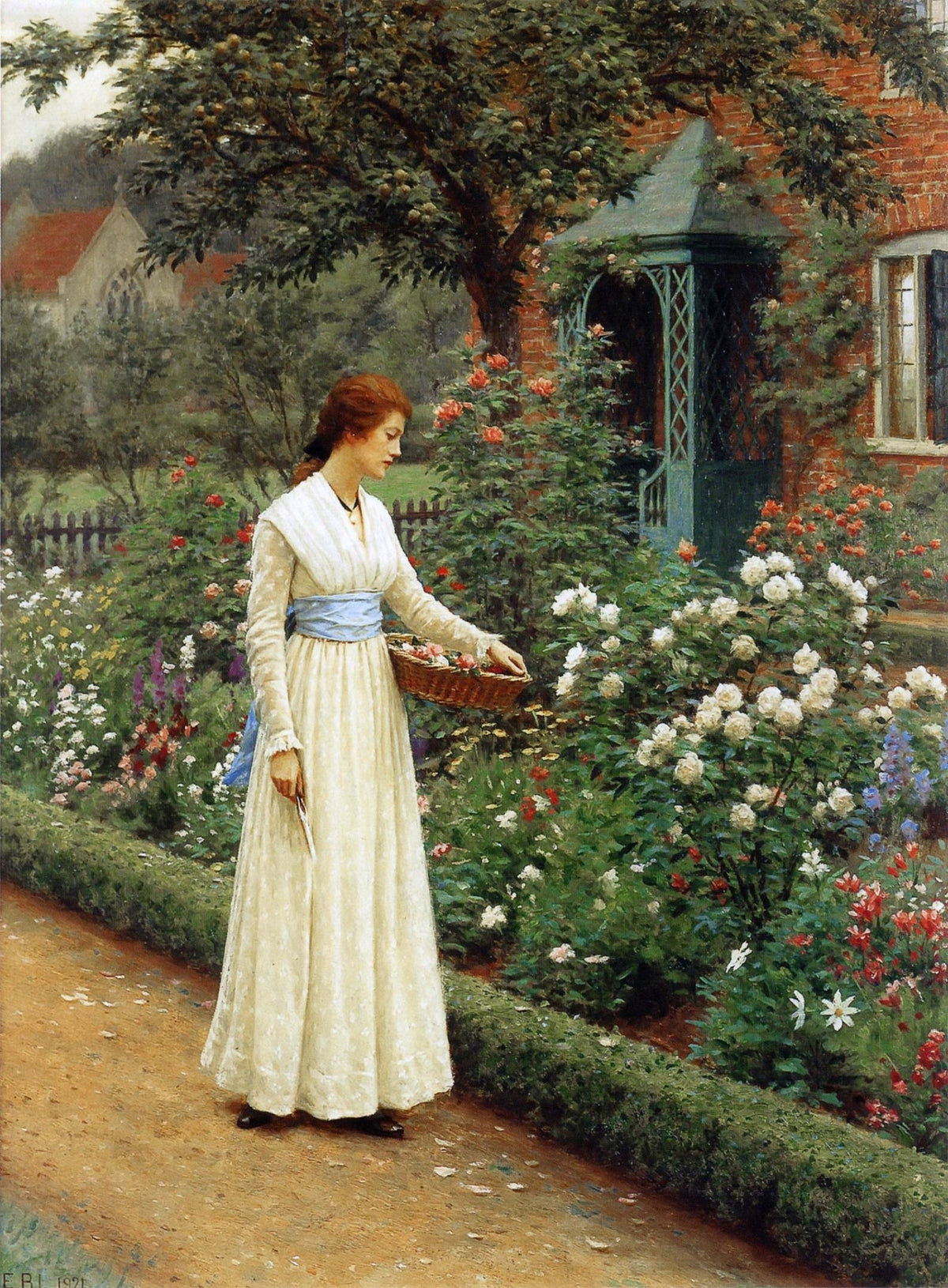 People Oil Painting - Woman Picking Flowers Cottage Garden - Oil Painting Haven