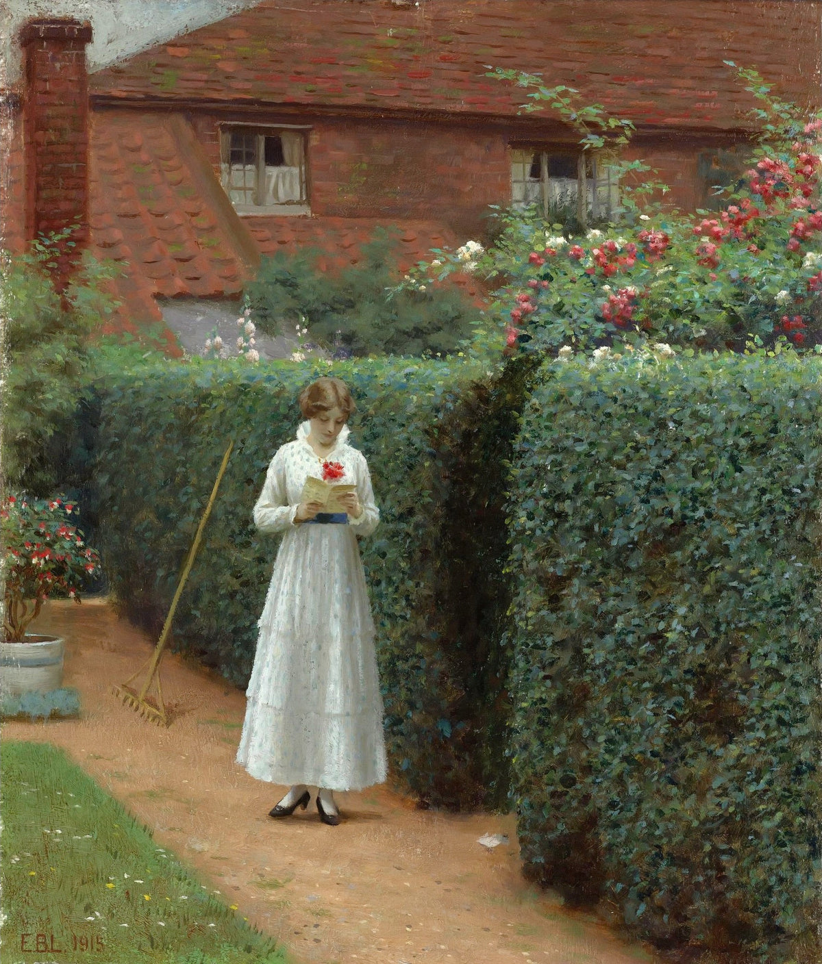 People Oil Painting - Woman Reading in Garden by Cottage - Oil Painting Haven