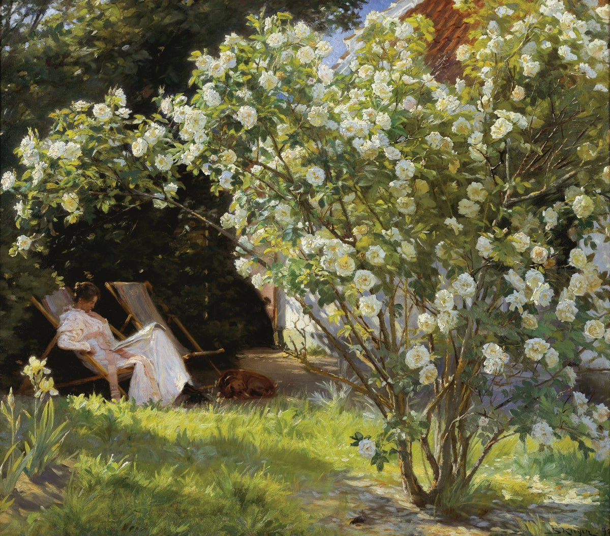People Oil Painting - Woman Reading in Garden with White Roses - Oil Painting Haven