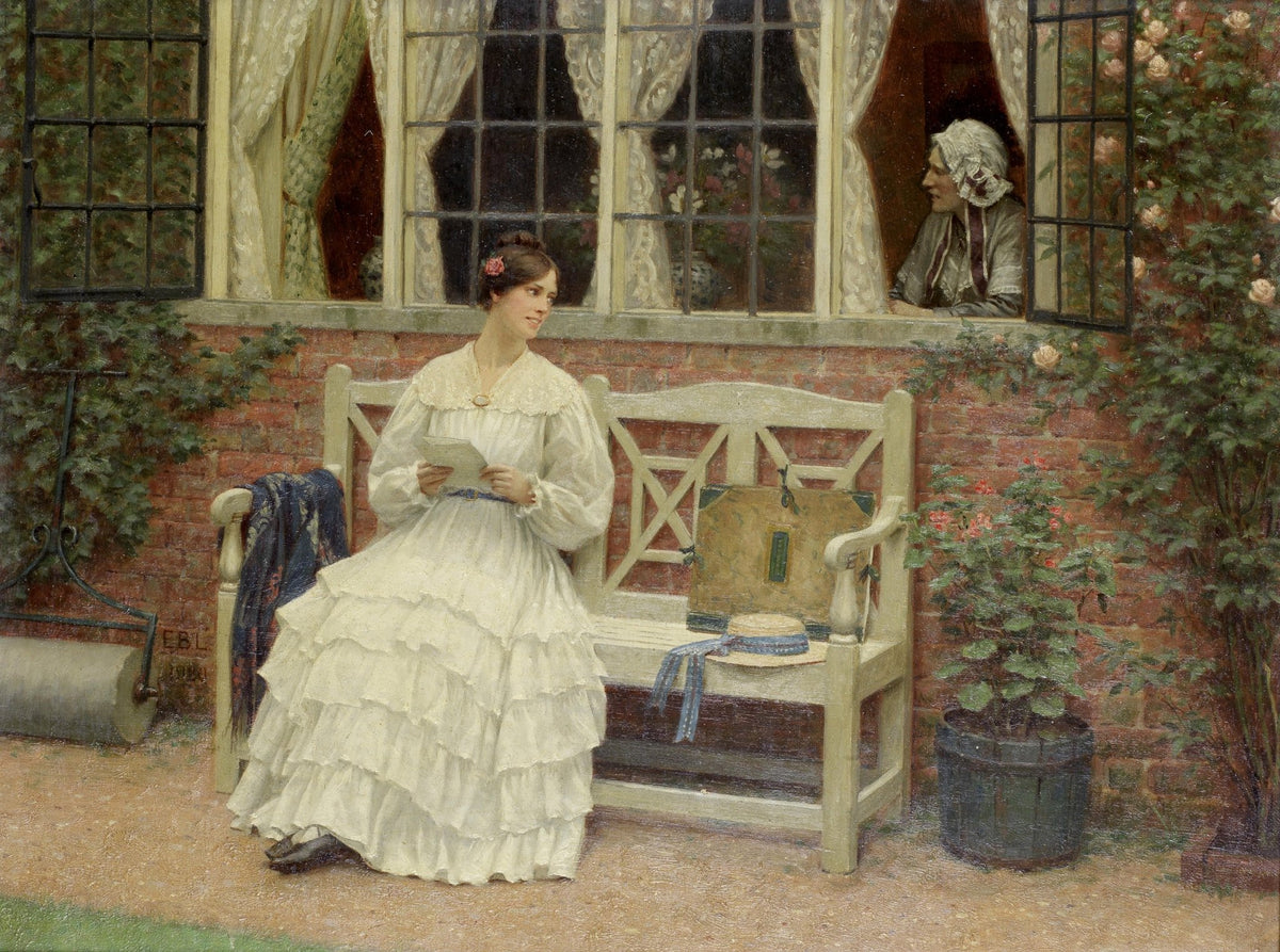 People Oil Painting - Woman Reading Letter in Garden Bench - Oil Painting Haven