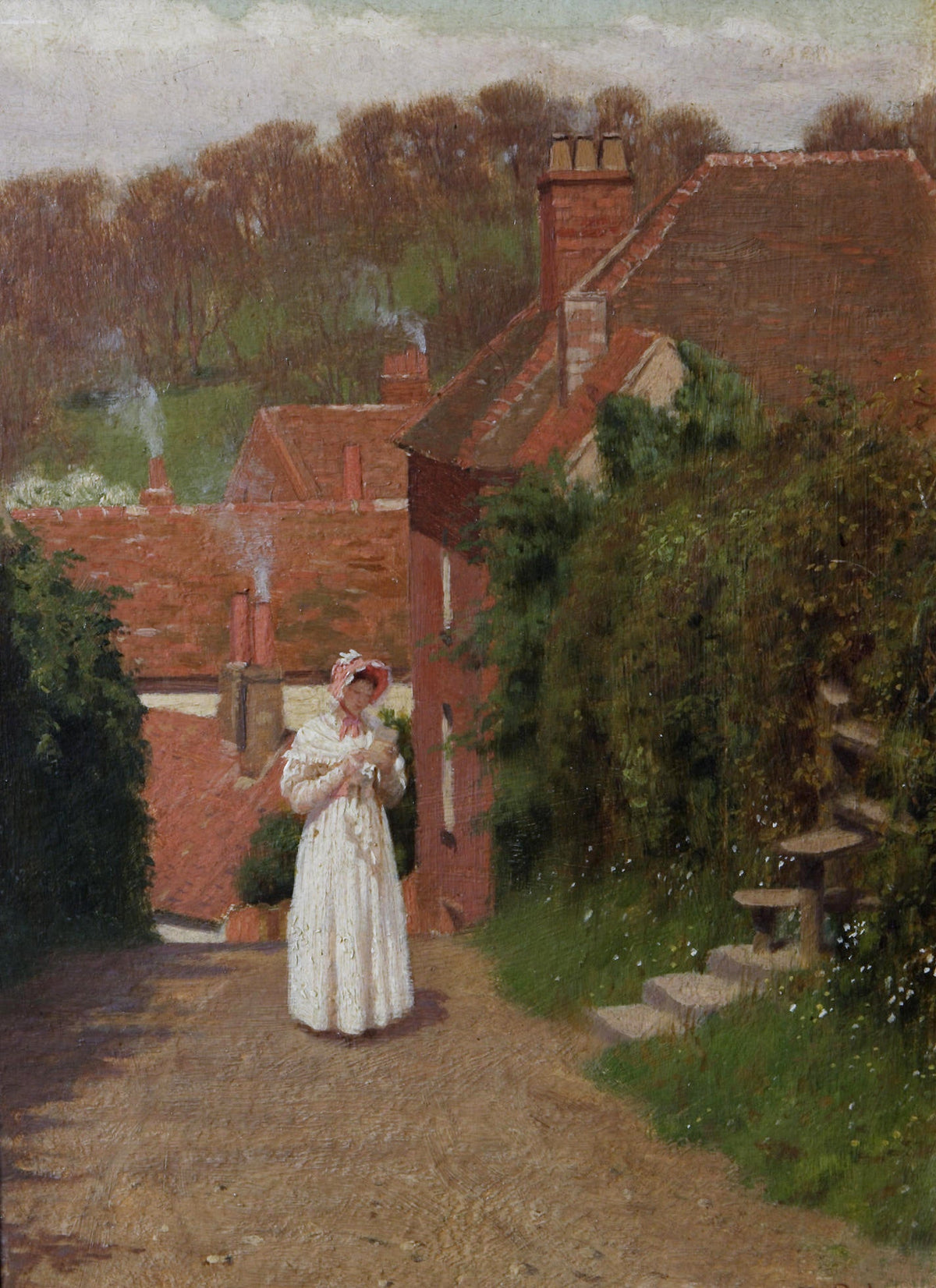 People Oil Painting - Woman Reading on Village Path Scene - Oil Painting Haven