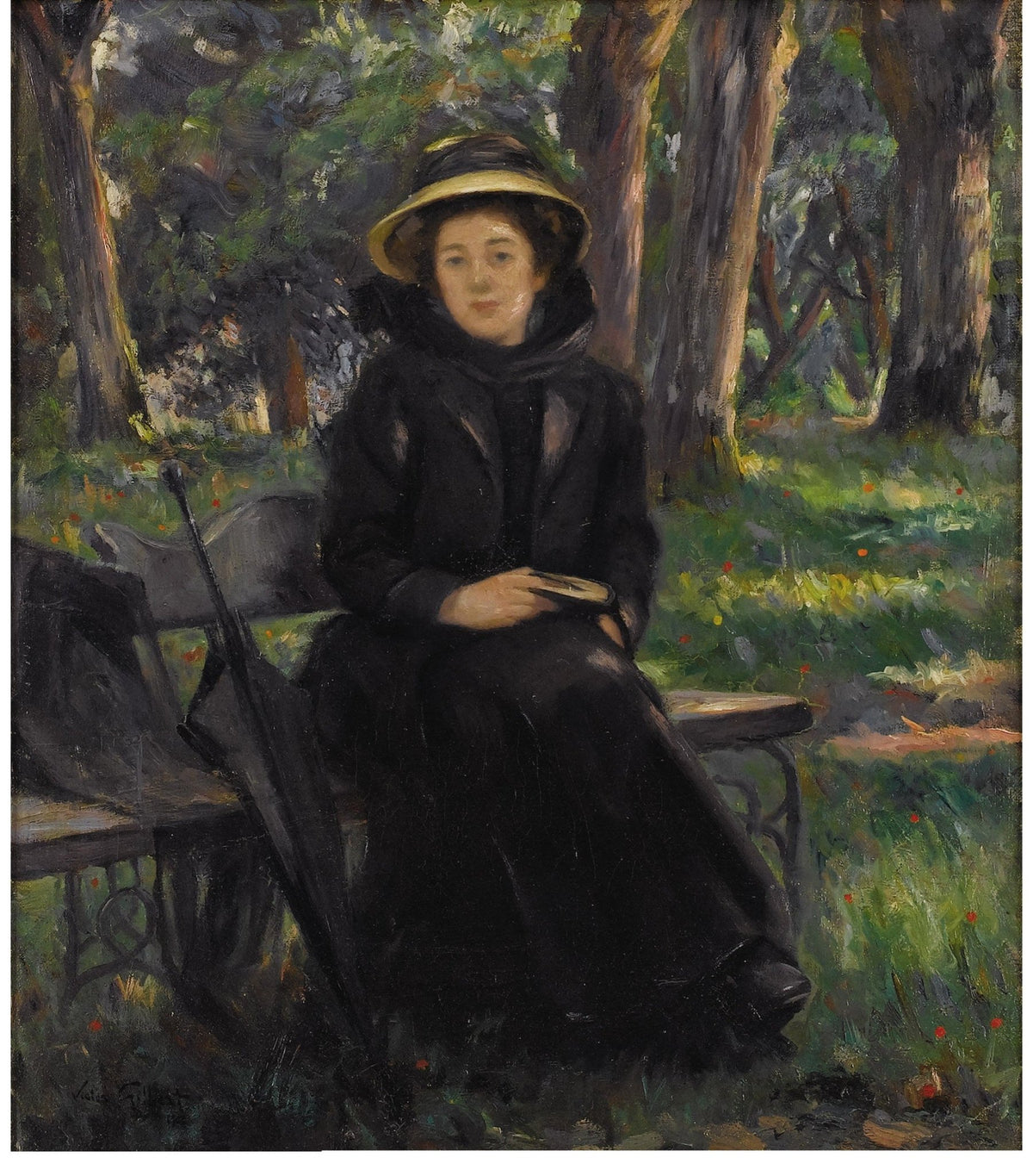 People Oil Painting - Woman Resting on Garden Bench Scene - Oil Painting Haven