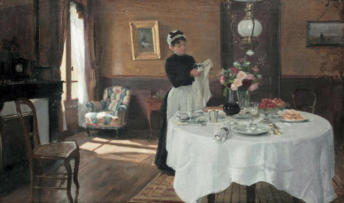 People Oil Painting - Woman Setting Table Interior Scene - Oil Painting Haven