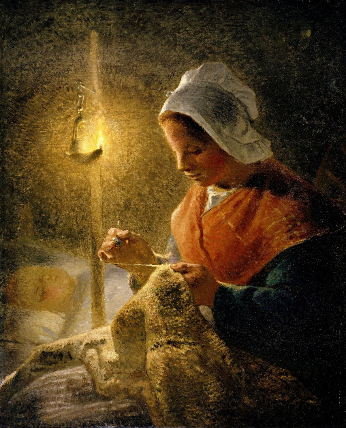 People Oil Painting - Woman Sewing by Lamplight Scene - Oil Painting Haven