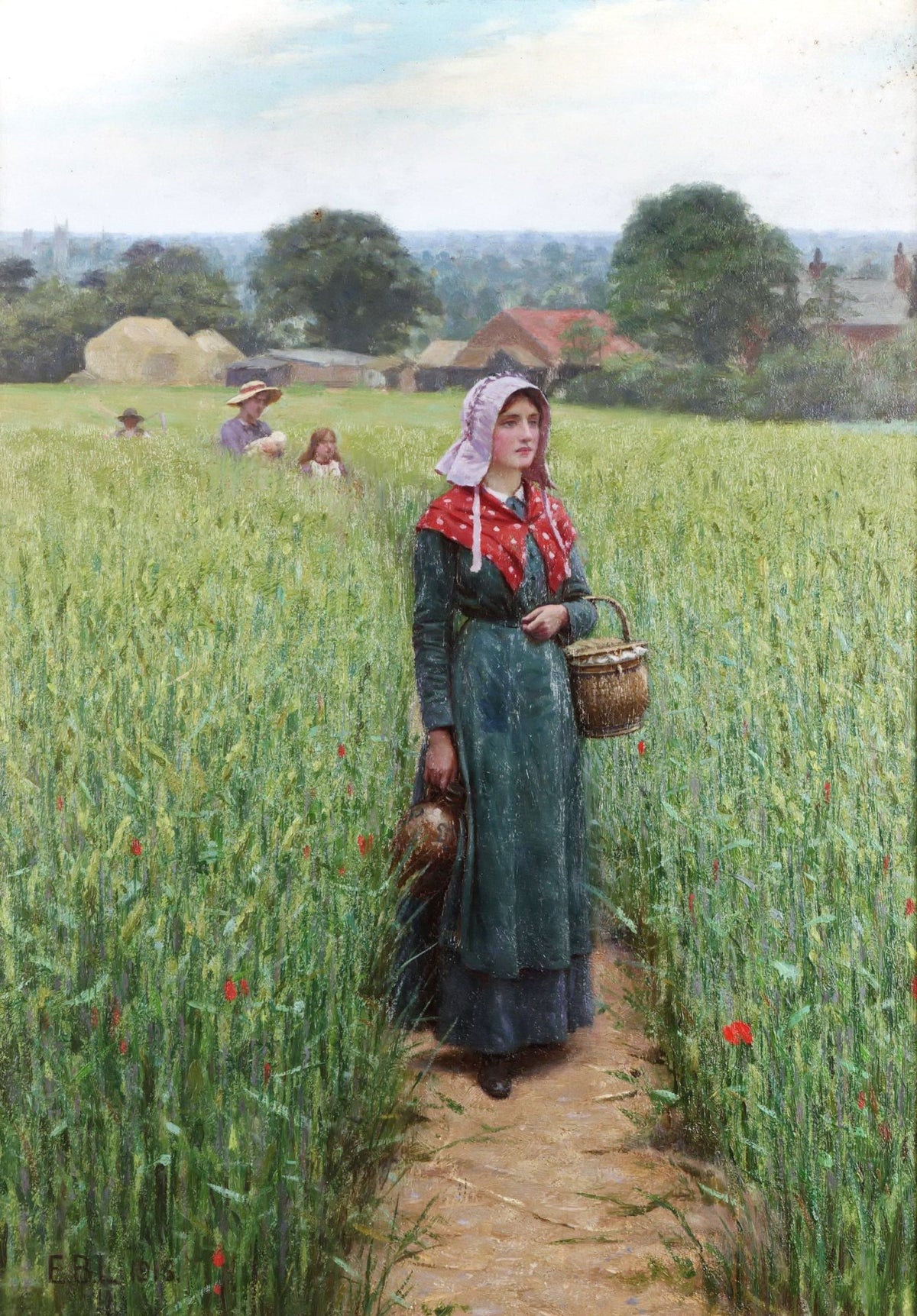 People Oil Painting - Woman Walking Through Countryside Field - Oil Painting Haven