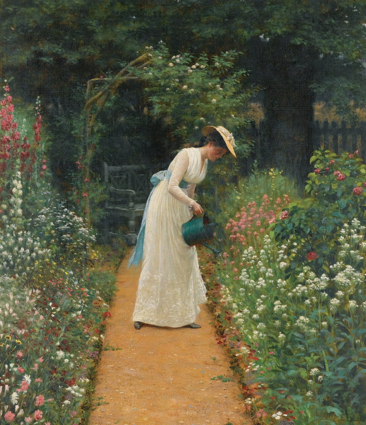 People Oil Painting - Woman Watering Flowers Garden Scene - Oil Painting Haven