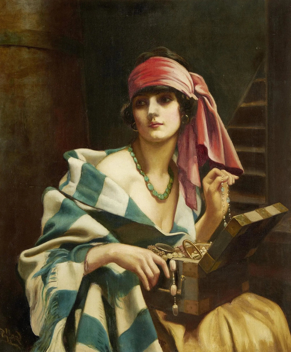 People Oil Painting - Woman with Jewelry Box and Scarf - Oil Painting Haven