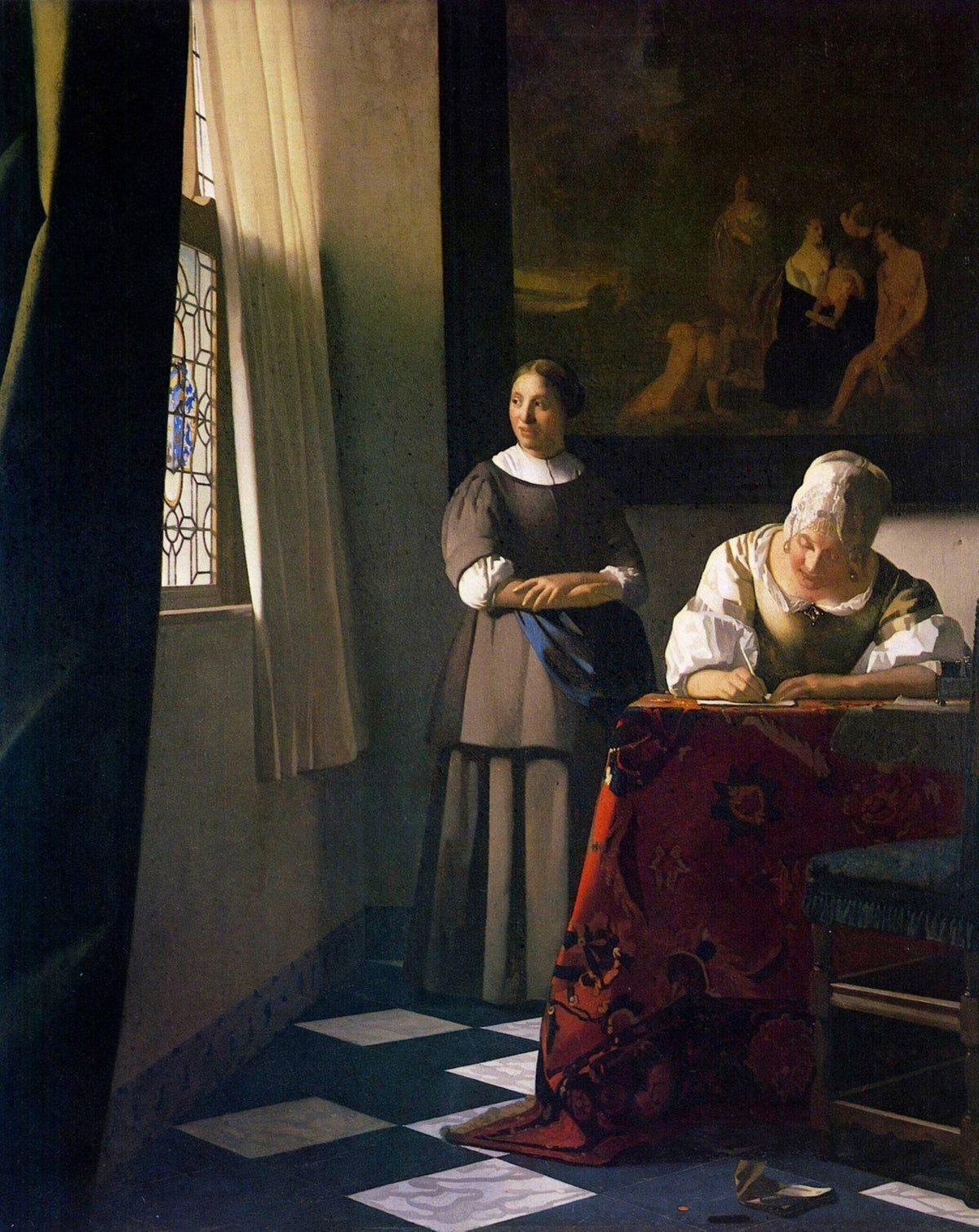 People Oil Painting - Woman Writing Letter with Maid Interior - Oil Painting Haven
